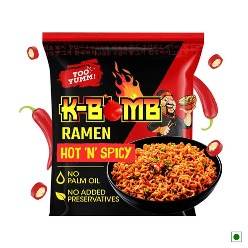 Too Yumm! K-Bomb Hot n Spicy | Ready to cook Instant Noodles | 100% Veg | Korean Noodles - 79g