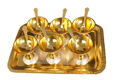 Brass Ice Cream Cups, Brass Cups, Tray and Spoons Set of 6 in Red Gift Box , Gift item