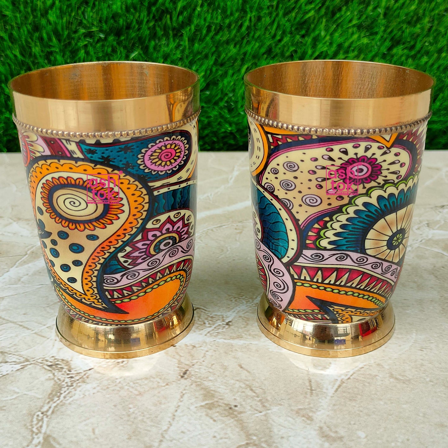 Brass Glasses, Printed Design Premium Drinkware On Special Occassions (Pack of 2 Pcs)