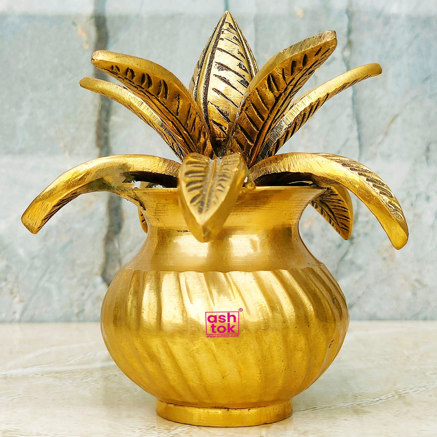 Antic Brass Coconut Design Kalash with Leafs, Kalash for Puja, Brass Puja Decorative Item
