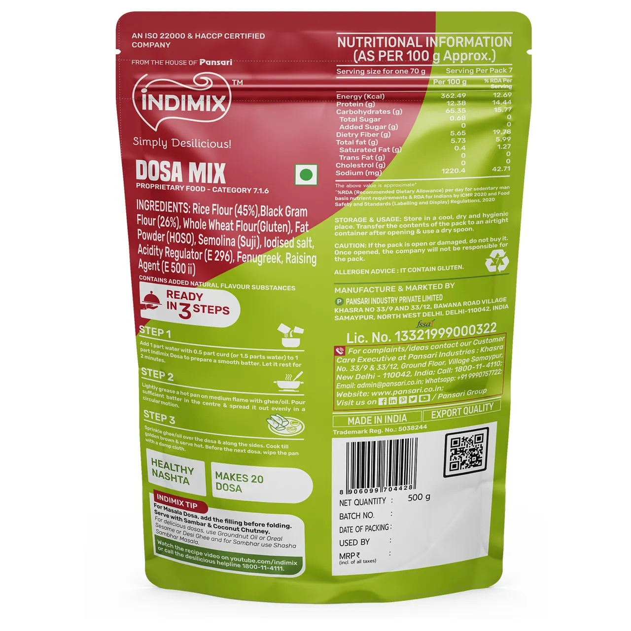 Indimix Rice Dosa Mix - 500g