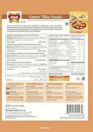 VIMAL Ready to Eat Delicious Paneer Tikka Masala Meal with No Added Preservative and Colours - 300g