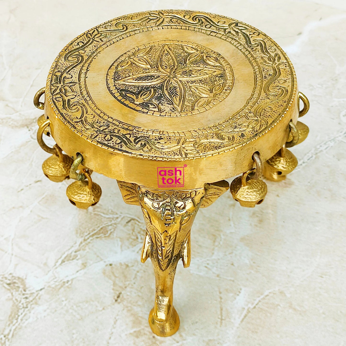Brass Antique Urli Stand, Elephant Pillar Design Leg, Pooja Brass Chowki - Uruli Stand with Bells