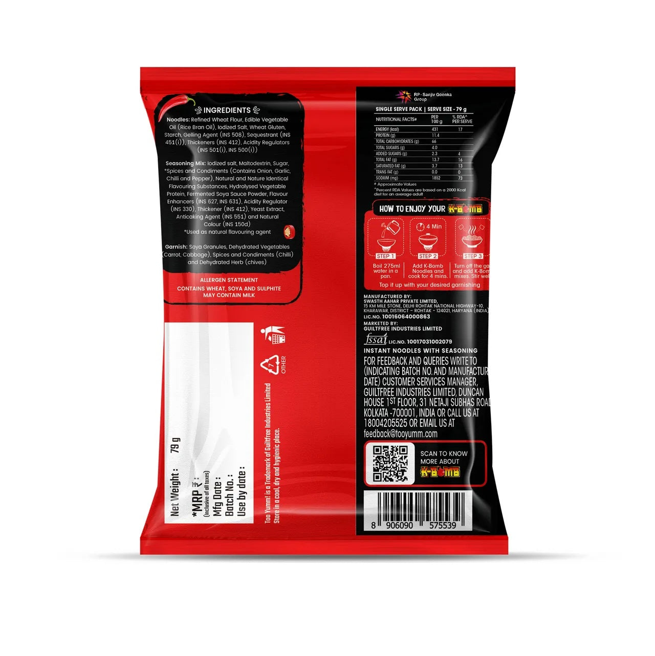 Too Yumm! K-Bomb Hot n Spicy | Ready to cook Instant Noodles | 100% Veg | Korean Noodles - 79g