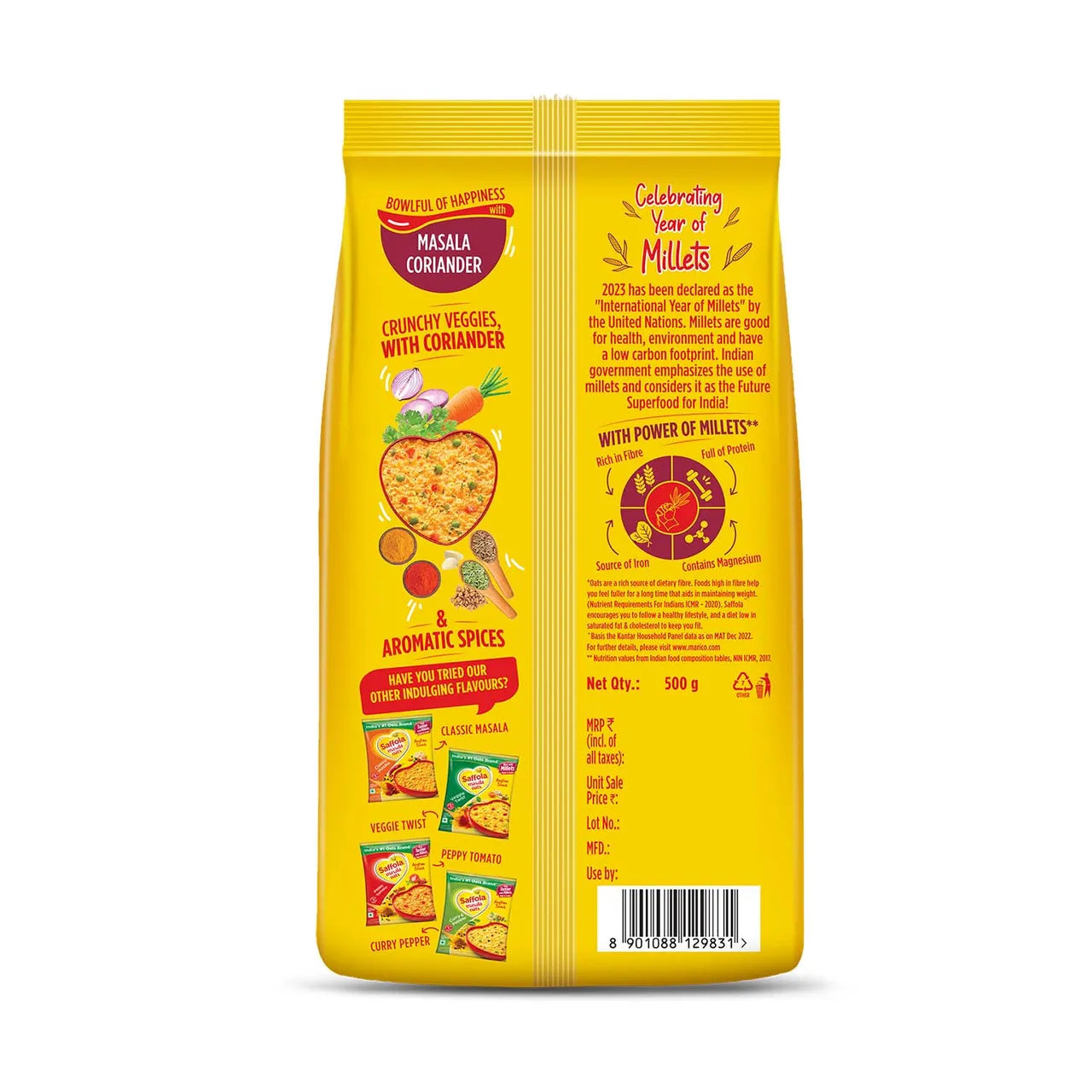 Saffola Masala Oats | Masala Coriander | Anytime Snack | Ready in 3 mins | Millets Goodness - 500g
