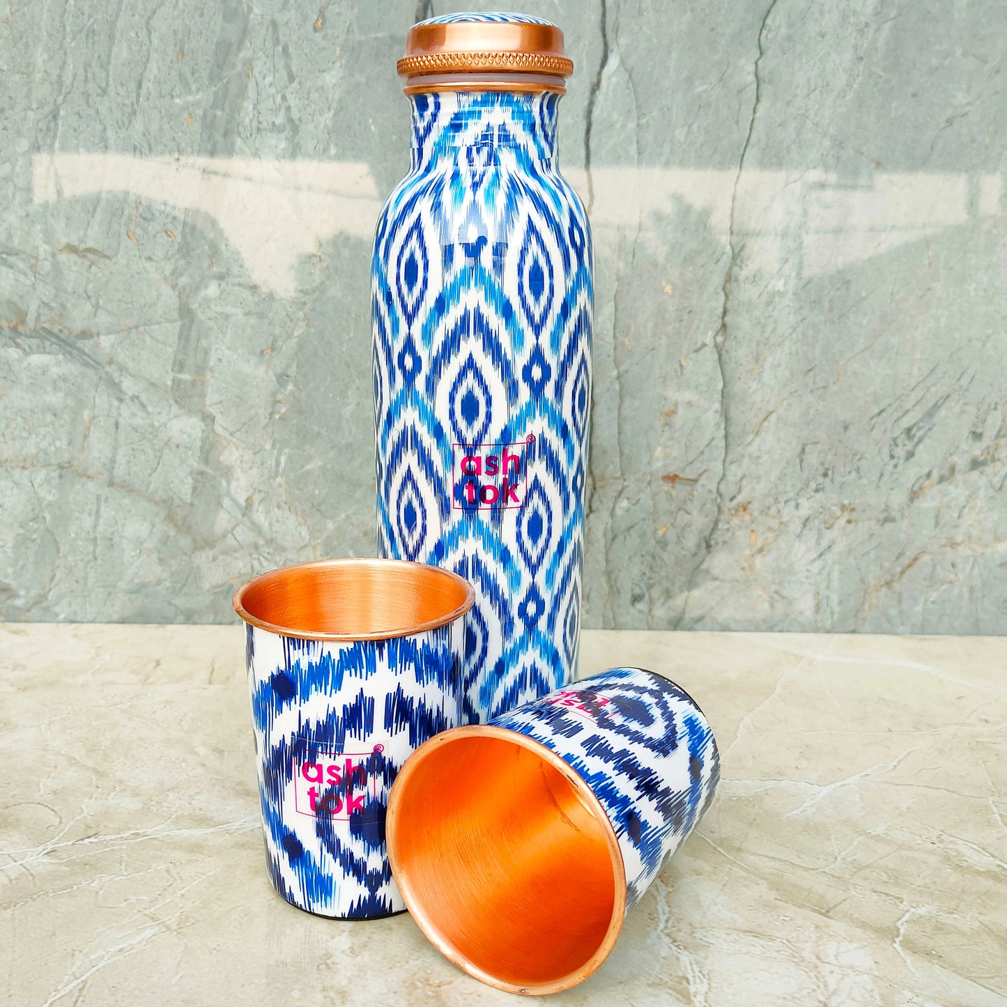 Blue Color Printed Pure Copper Water Bottle with Glass Set, Drinkware, Unique Gift Items