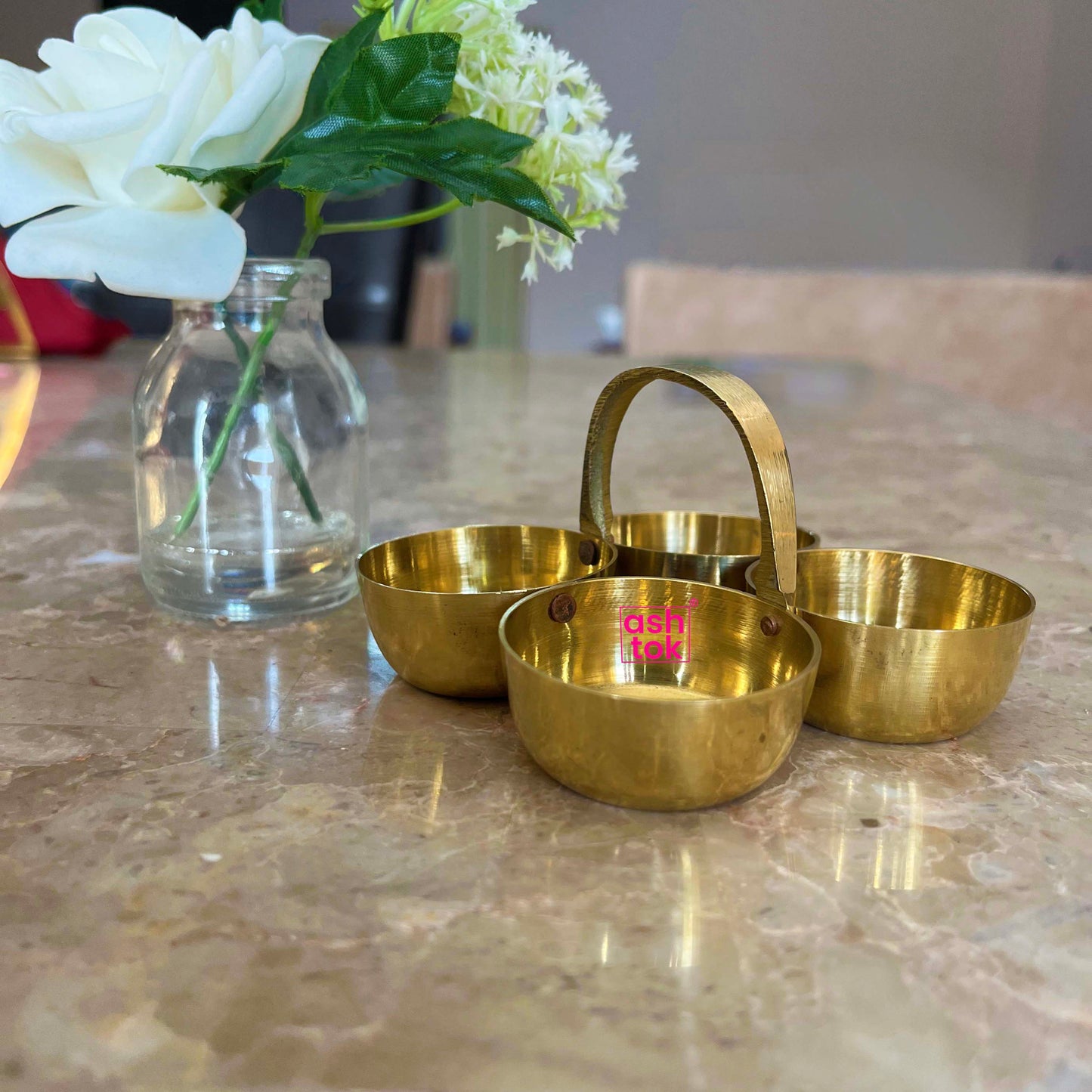 Brass Chopala, Panchpal, Haldi KumKum Holder 4 Bowl Stand (Dia 3 In)