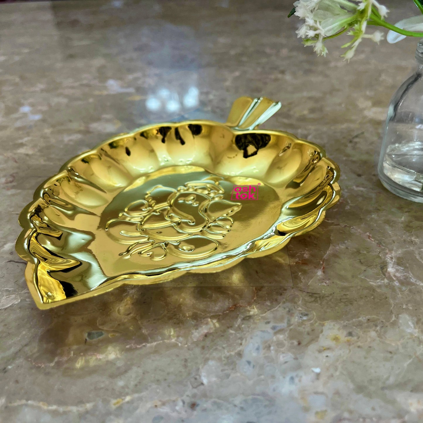 Brass Leaf Tray, Decorative brass plate with Ganesh embossed leaf shape