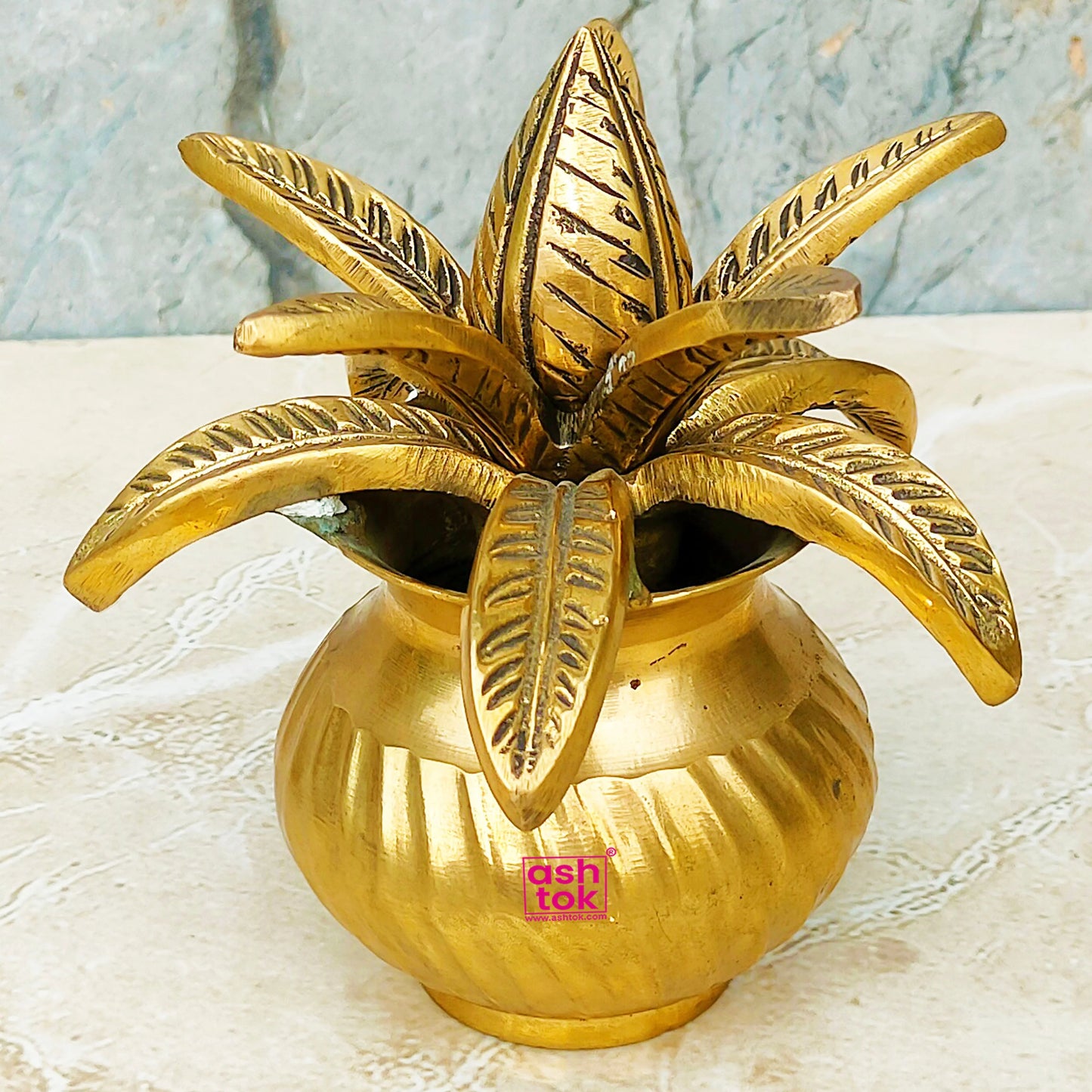 Antic Brass Coconut Design Kalash with Leafs, Kalash for Puja, Brass Puja Decorative Item