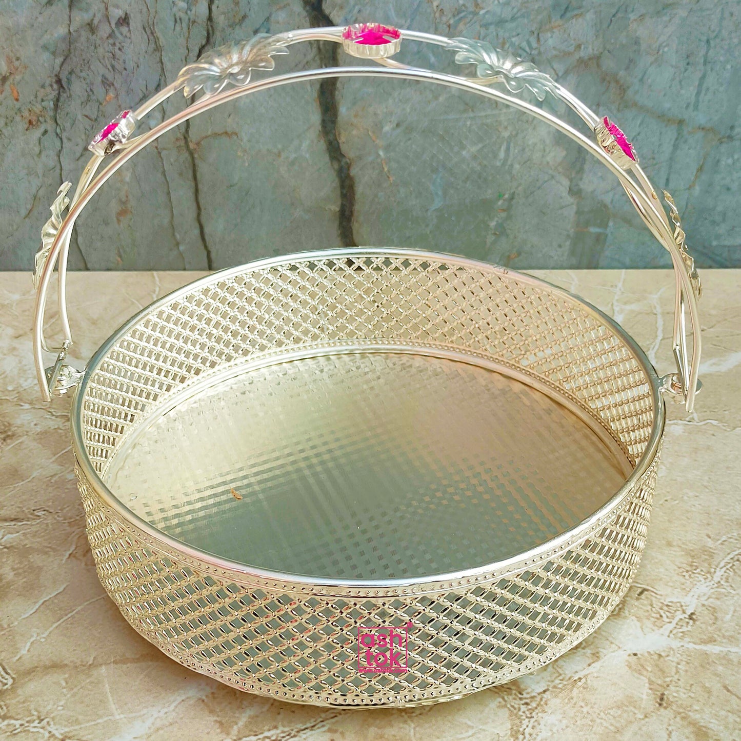 Alpha German Silver Flower Tray, Temple Tray, Puja Tray