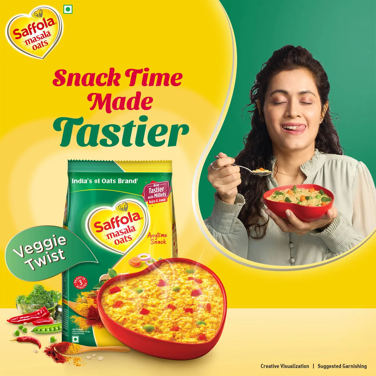 Saffola Masala Oats | Veggie Twist | Anytime Snack | Ready in 3 mins | Millets Goodness - 38 g