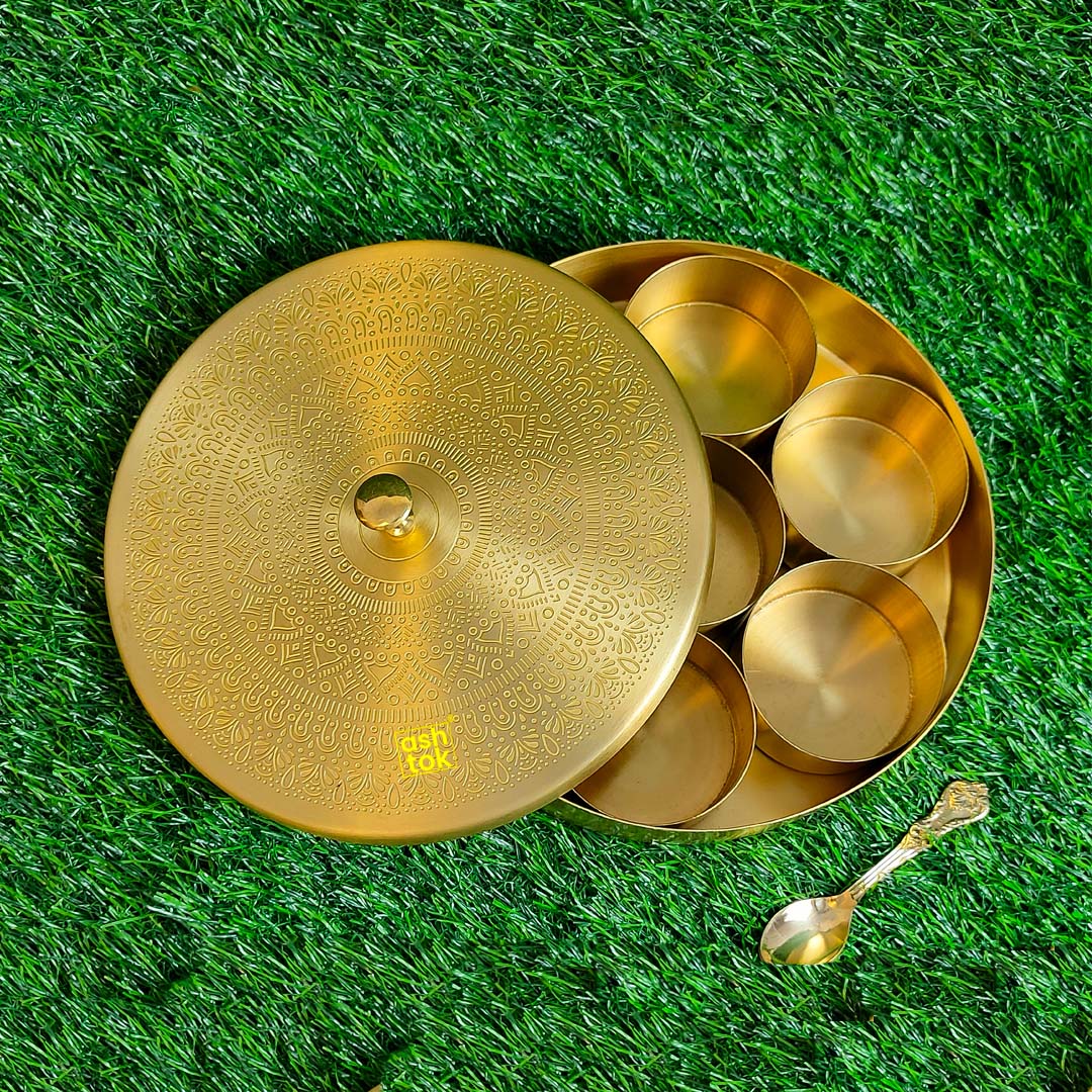 Brass Masala Box handcrafted, Spice Container with 7 Compartments, Gift Item. 7 Inches