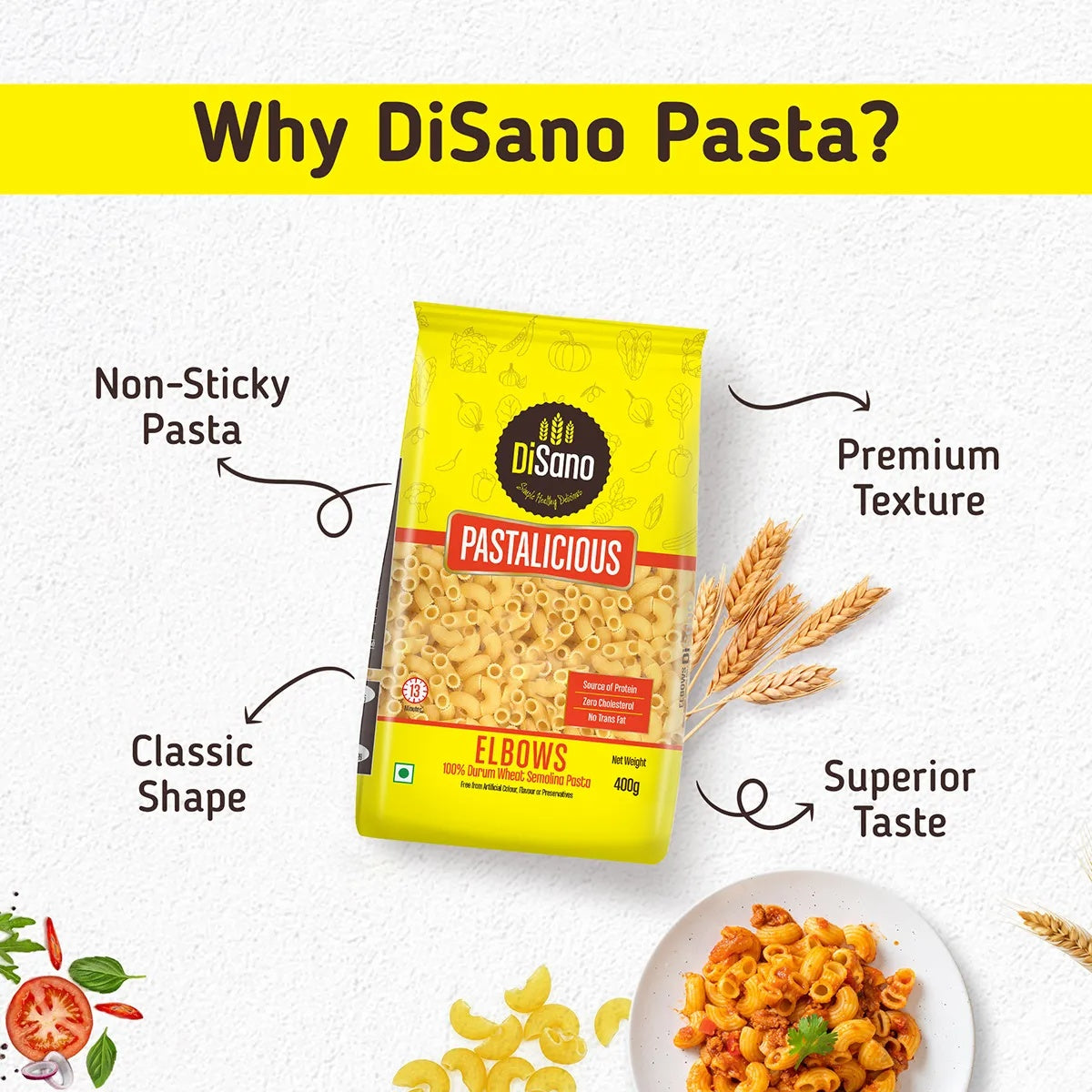 Disano Elbow Pasta, 100% Durum Wheat, No Maida - 400g