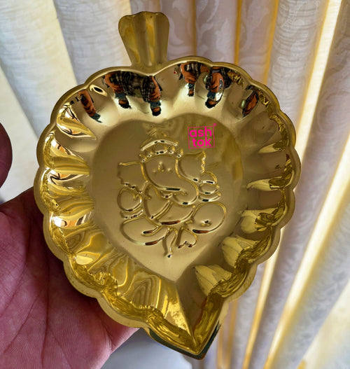 Brass Leaf Tray, Decorative brass plate with Ganesh embossed leaf shape