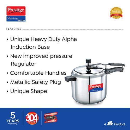 Prestige Nakshatra Alpha Stainless Steel Gas and Induction Compatible Pressure Cooker, Silver