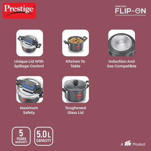 Prestige Svachh Flip-on Hard Anodised Gas and Induction Compatible Pressure Cooker with Glass Lid, (Black)