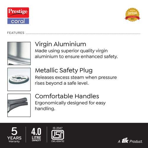 Prestige Popular Virgin Aluminium Pressure Cooker, (Silver)