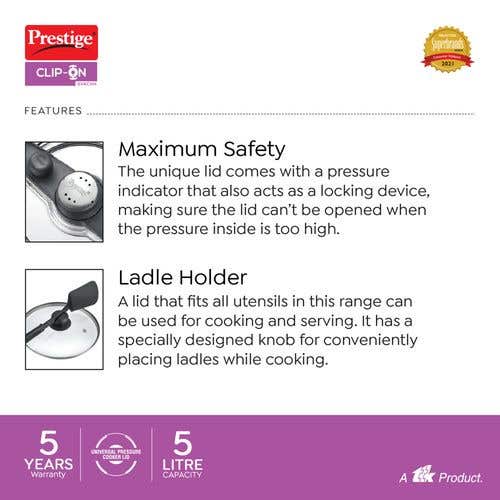 Prestige Clip-on Svachh Stainless Steel Spillage Control Pressure Cooker with Glass Lid, (Silver)