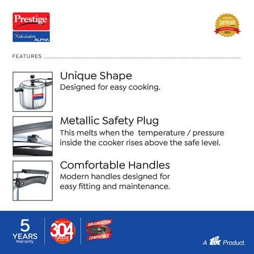 Prestige Nakshatra Alpha Stainless Steel Gas and Induction Compatible Pressure Cooker, Silver