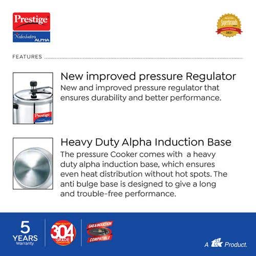 Prestige Nakshatra Alpha Stainless Steel Gas and Induction Compatible Pressure Cooker, Silver