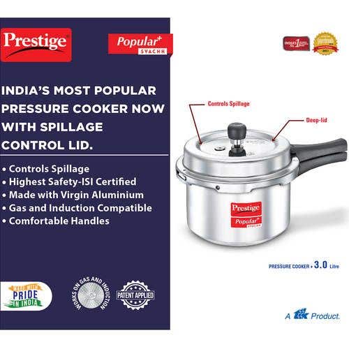 Prestige Popular Plus Svachh Virgin Aluminium Spillage Control Pressure Cooker (Silver)