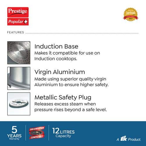 Prestige Popular Plus Virgin Aluminium Gas and Induction Compatible Pressure Cooker, (Silver)
