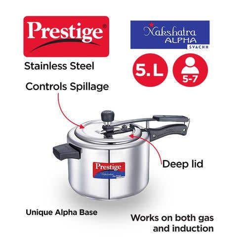 Prestige Nakshatra Alpha Svachh Stainless Steel Spillage Control Pressure Cooker (Silver)