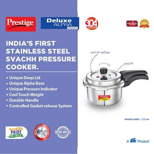Prestige Deluxe Alpha Svachh Stainless Steel Spillage Control Pressure Cooker (Silver)Handi with Glass lid 1.5L