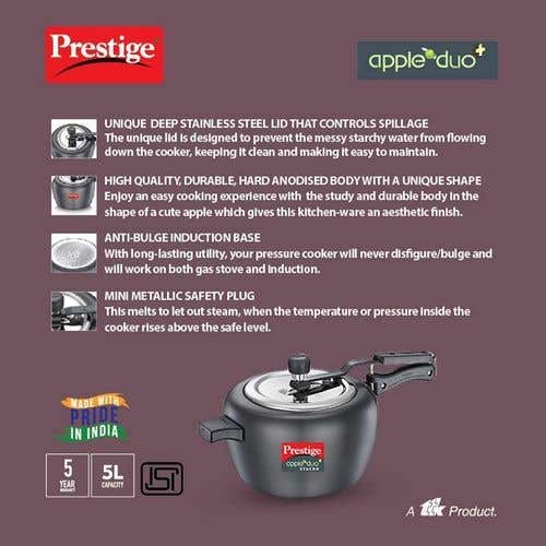 Prestige Apple Duo Plus Hard Anodised Spillage Control Pressure Cooker (Black)