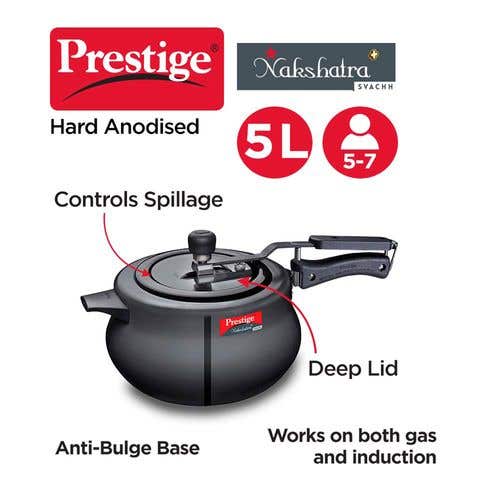 Prestige Nakshatra Plus Svachh Hard Anodised Aluminium Spillage Control Handi Pressure Cooker (Black)