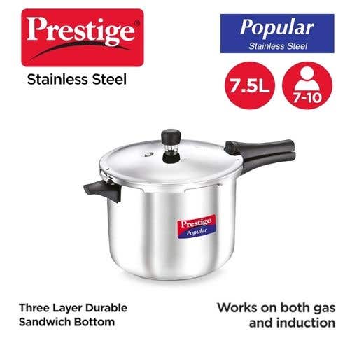 Prestige Popular Stainless Steel Gas and Induction Compatible Pressure Cooker (Silver)