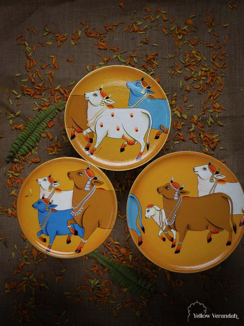 Pichwai Cows Handpainted Wall Plates - Set of 3