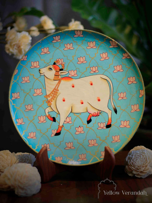 Pichwai Jaali Leaping Cow Handpainted Wall Plate - 10