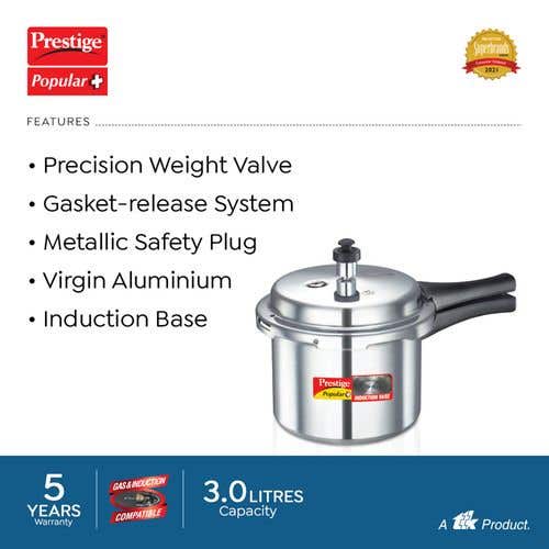 Prestige Popular Plus Virgin Aluminium Gas and Induction Compatible Pressure Cooker, (Silver)