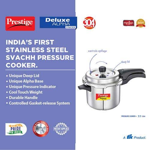 Prestige Deluxe Alpha Svachh Stainless Steel Spillage Control Pressure Cooker (Silver)Handi with Glass lid 1.5L