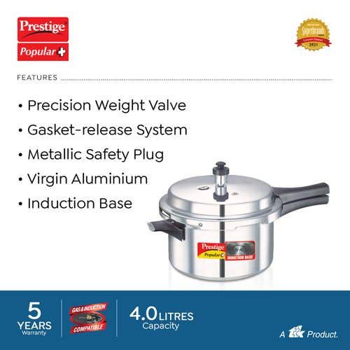 Prestige Popular Plus Virgin Aluminium Gas and Induction Compatible Pressure Cooker, (Silver)