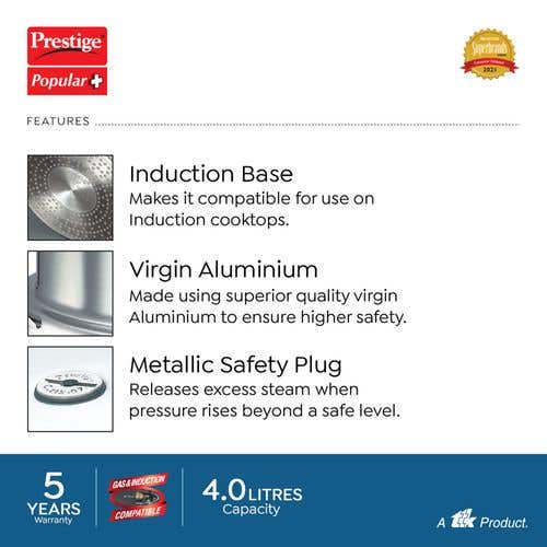 Prestige Popular Plus Virgin Aluminium Gas and Induction Compatible Pressure Cooker, (Silver)