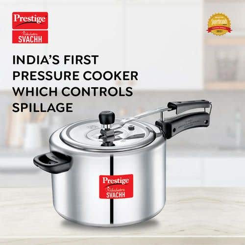 Prestige Nakshatra Svachh Aluminium Inner Lid Pressure Cooker with Unique Deep Lid for Spillage Control, 8 L