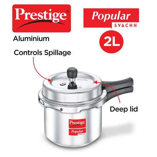 Prestige Popular Svachh Virgin Aluminium Gas and Induction Compatible Pressure Cooker, (Silver)