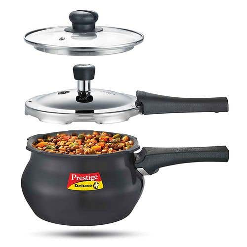 Prestige Deluxe Duo Plus Hard Anodised Gas and Induction Compatible Pressure Handi with Glass Lid, (Black)
