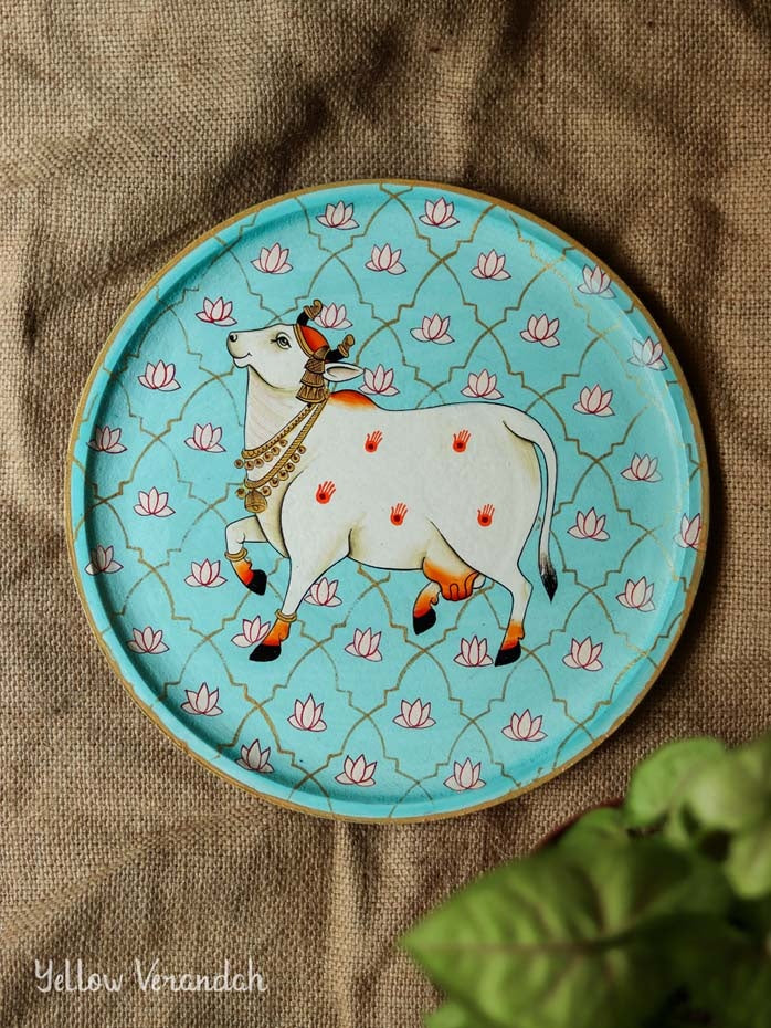 Pichwai Jaali Leaping Cow Handpainted Wall Plate - 10