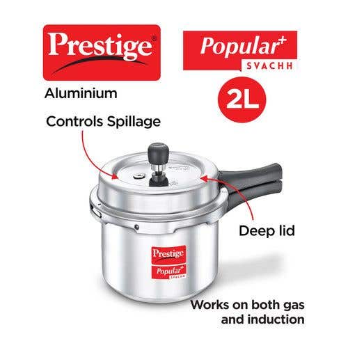 Prestige Popular Plus Svachh Virgin Aluminium Gas and Induction Compatible Pressure Cooker, (Silver)