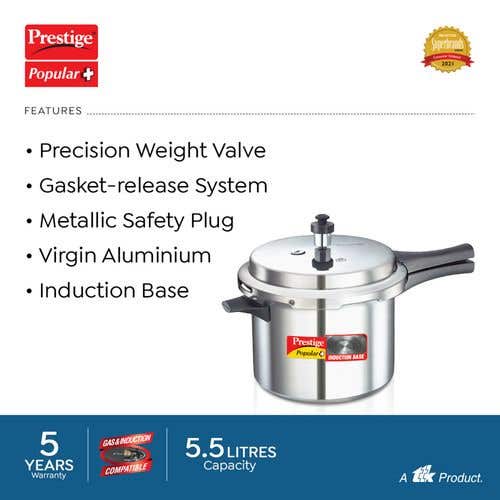 Prestige Popular Plus Virgin Aluminium Gas and Induction Compatible Pressure Cooker, (Silver)