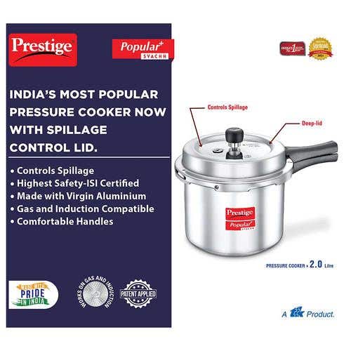 Prestige Popular Plus Svachh Virgin Aluminium Gas and Induction Compatible Pressure Cooker, (Silver)