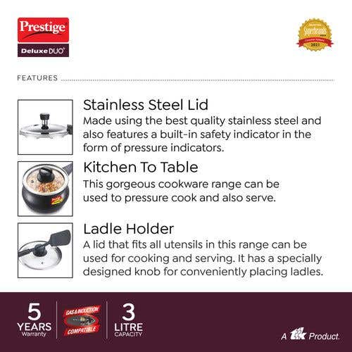 Prestige Deluxe Duo Plus Hard Anodised Pressure Cooker with 1 Glass Lid and 1 Stainless Steel Lid, (Black)