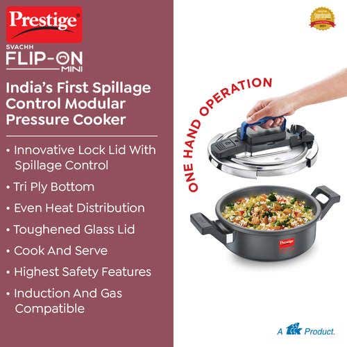 Prestige Svachh Flip-on Mini Hard Anodised Spillage Control Pressure Cooker with Glass Lid, (Black)