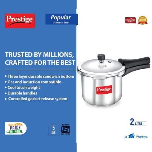 Prestige Popular Stainless Steel Gas and Induction Compatible Pressure Cooker (Silver)