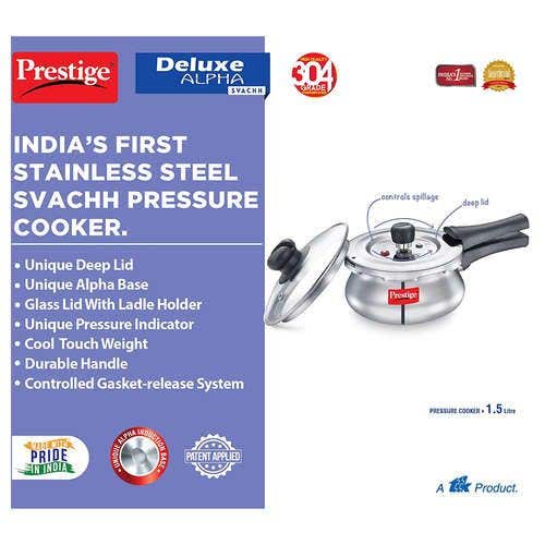 Prestige Deluxe Alpha Svachh Stainless Steel Spillage Control Pressure Cooker (Silver)Handi with Glass lid 1.5L