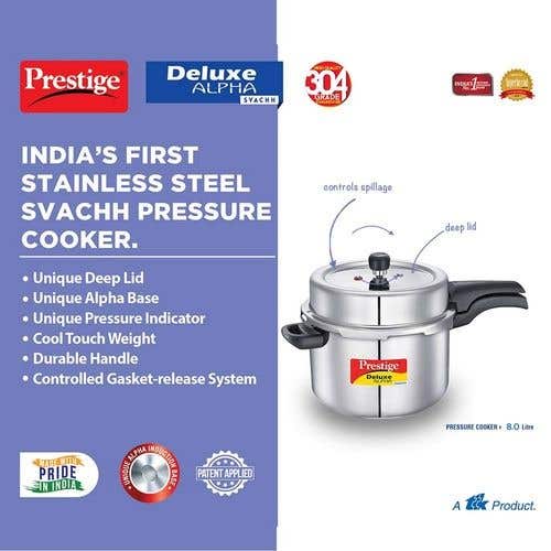 Prestige Deluxe Alpha Svachh Stainless Steel Spillage Control Pressure Cooker (Silver)Handi with Glass lid 1.5L