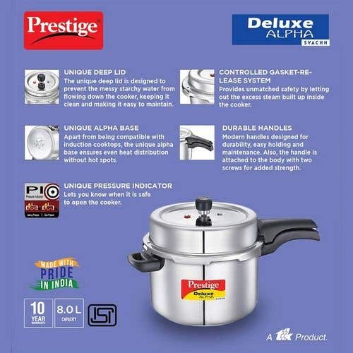 Prestige Deluxe Alpha Svachh Stainless Steel Spillage Control Pressure Cooker (Silver)Handi with Glass lid 1.5L